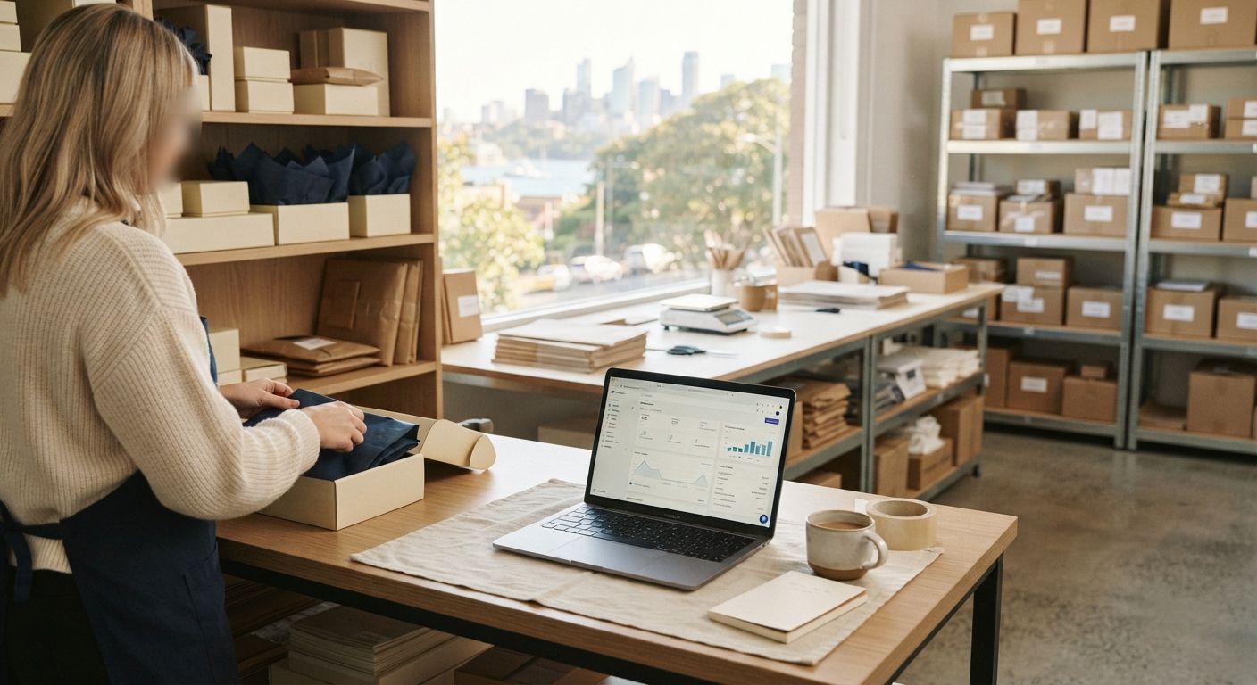 E-commerce fulfilment studio with packed orders and a laptop