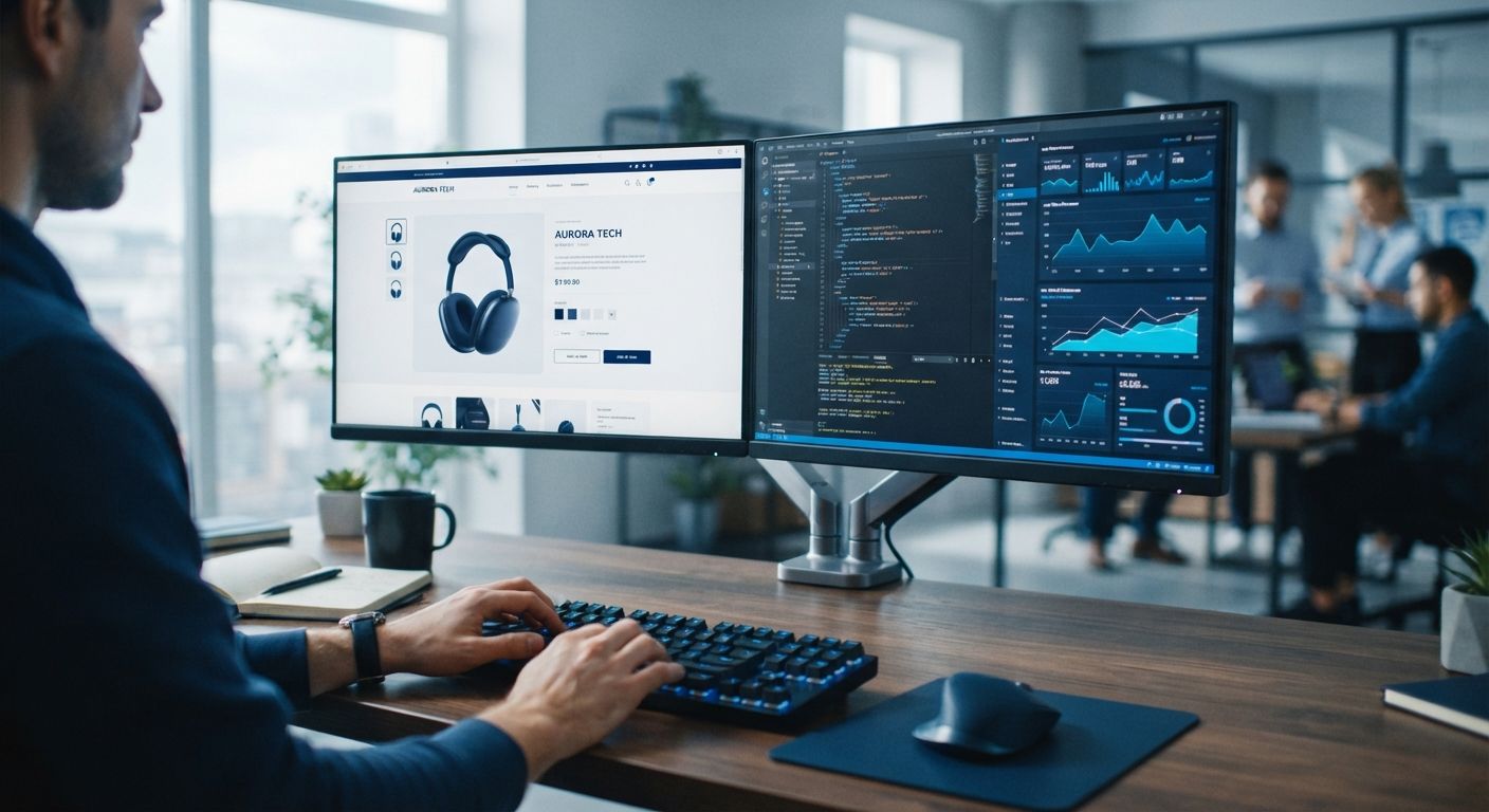 Developer workstation showing an online store and code