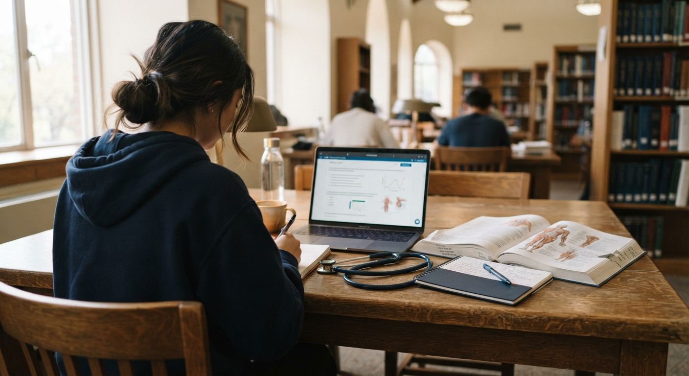 Medical student studying with a laptop and textbook