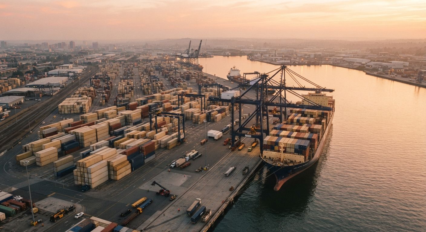 Container port and cargo ship at sunset