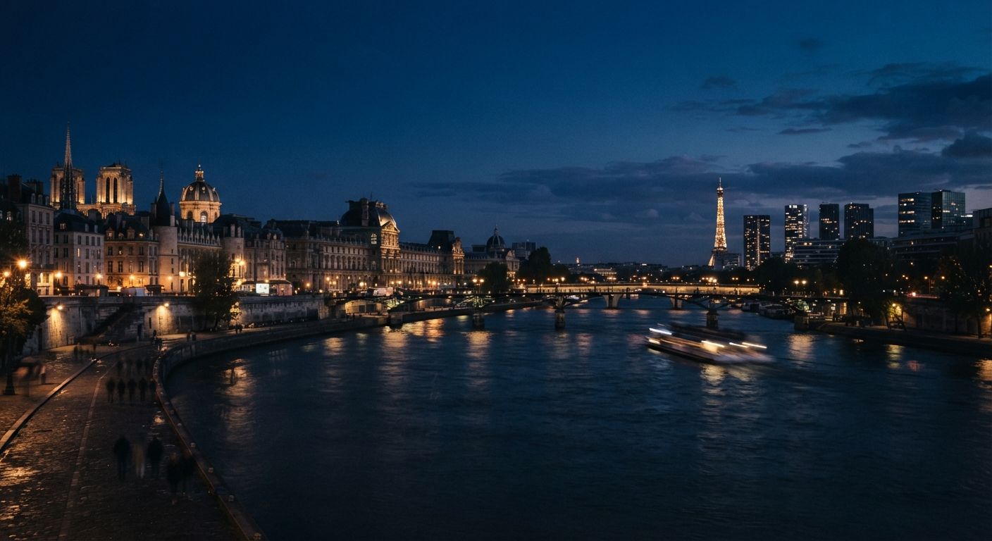 European city skyline along a river at dusk