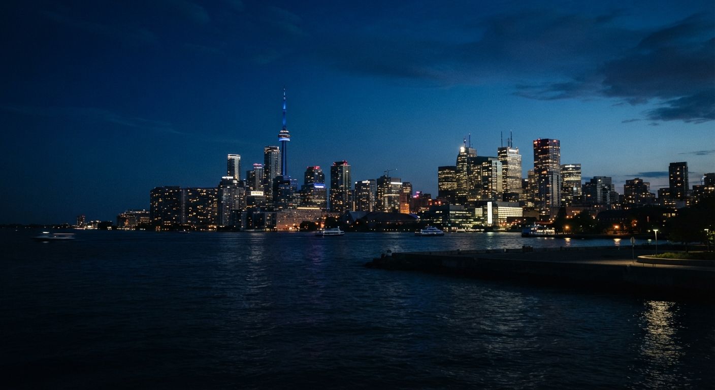 North American city skyline at dusk