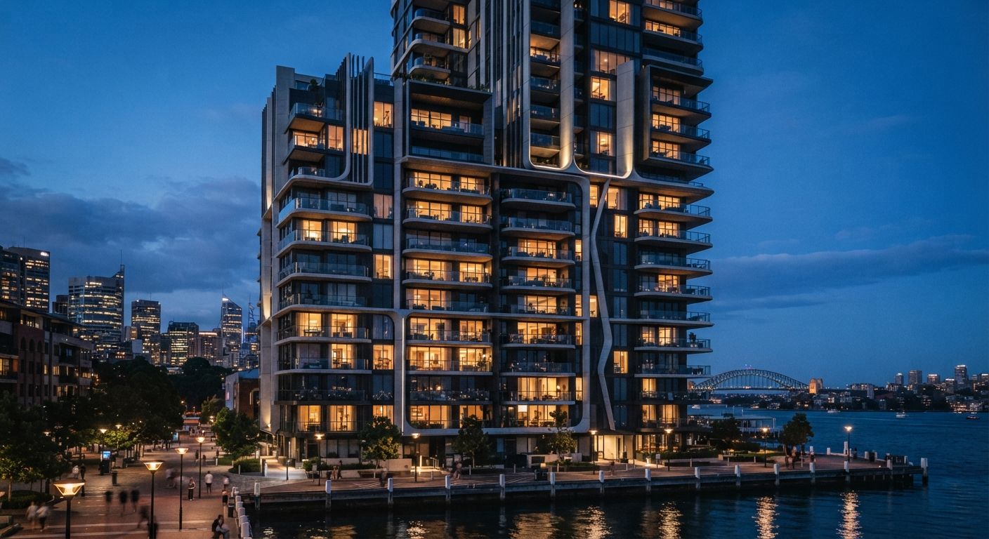 Apartment building lit at dusk