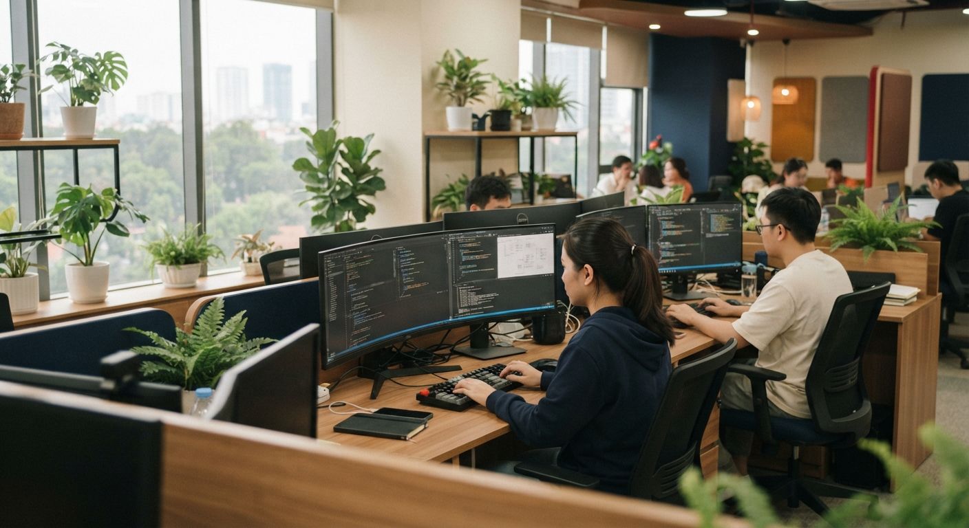 Software engineers working in a modern studio